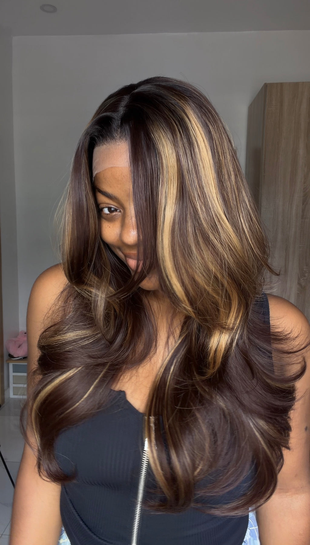 Feather Layers Dark Brown Highlights with Illusion HD lace