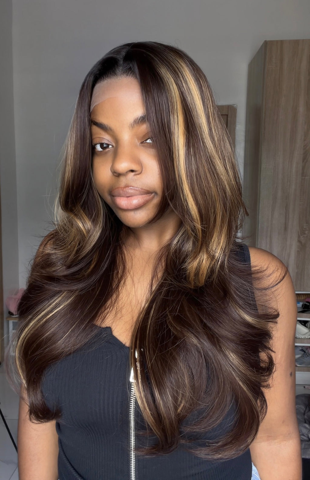 Feather Layers Dark Brown Highlights with Illusion HD lace