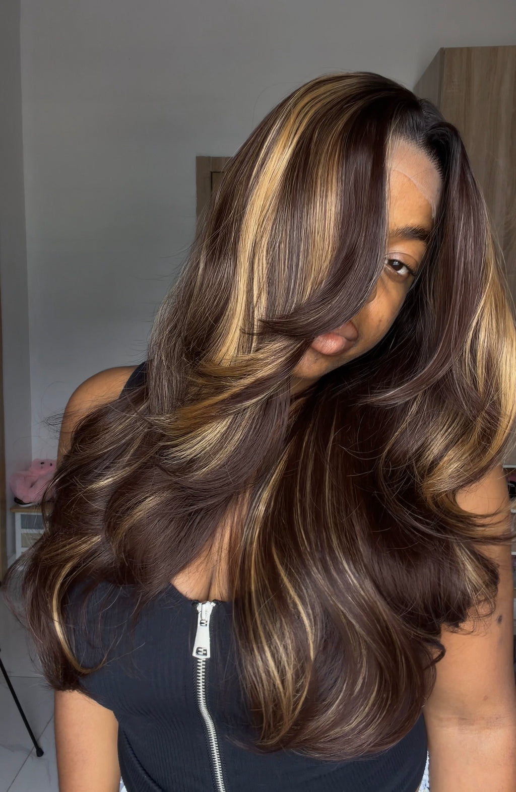 Feather Layers Dark Brown Highlights with Illusion HD lace