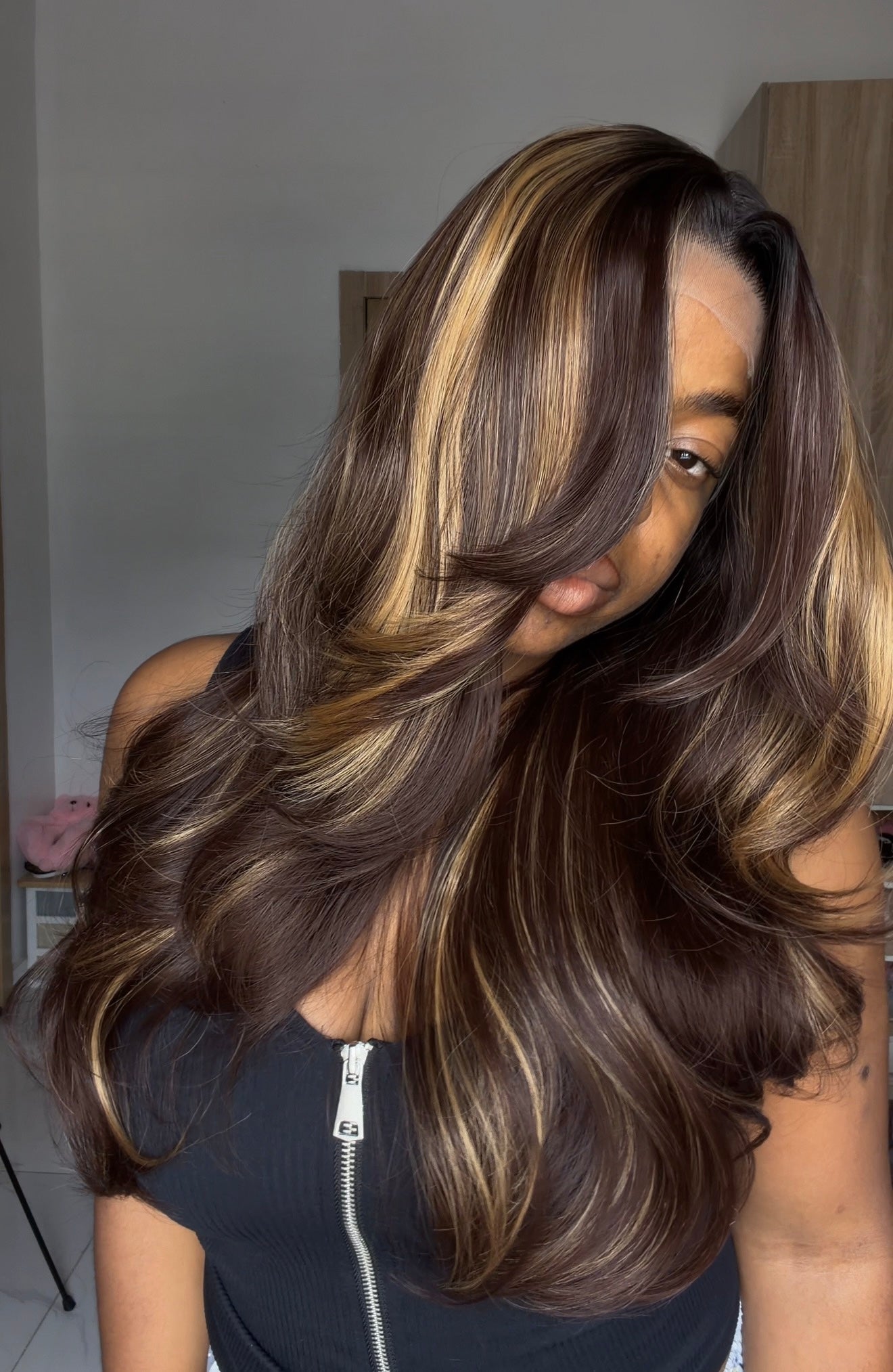 Feather Layers Dark Brown Highlights with Illusion HD lace